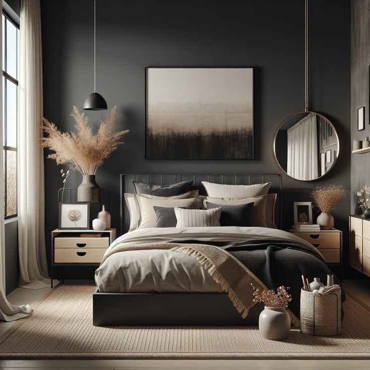 "Design a modern, cozy bedroom with a dark, industrial vibe: King bed with neutral bedding, circular mirror, plants, jute rug." Gray Black Brown Bedroom, Dark And Cozy Bedroom Ideas, Black And White Earthy Bedroom, Black And Wood Theme Bedroom, Scandi Industrial Bedroom, Neutral And Grey Bedroom Ideas, Sand And Black Bedroom, Black And Oatmeal Bedroom, Boho Bedroom Black Accent Wall