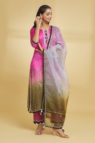 Pink ombre kurta with floral motif, tassels and lace details. Paired with a pant and dupatta. - Aza Fashions Multicolor Straight Kurta With Tassels, Festive Multicolor Kurta With Tassels, Traditional Multicolor Kurta With Tassels, Designer Salwar Kameez With Tassels For Navratri, Designer Multicolor Tassel Dupatta, Multicolor Kurta With Tassels For Festivals, Traditional Palazzo Set With Tassels, Designer Wear Dupatta With Tassels For Diwali, Traditional Palazzo Set With Tassels For Navratri