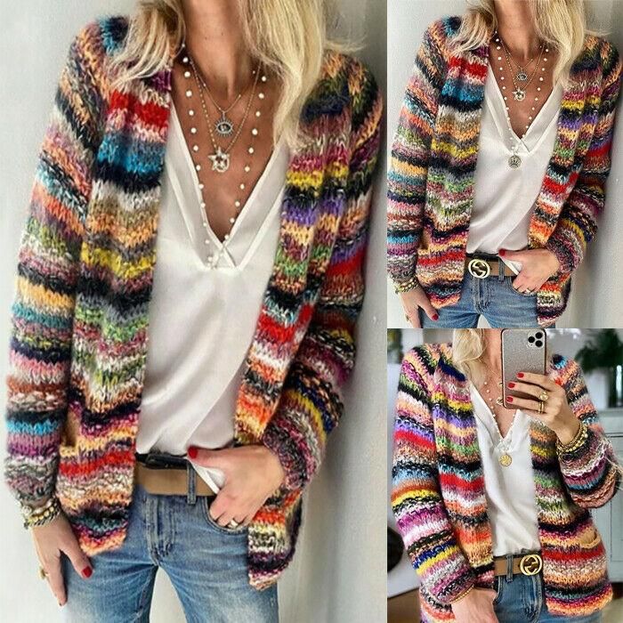 Bohemia Striped Colorful Knitting Cardigan – STYLEGOING Rainbow Cardigan, Knit Projects, Sweater Tops, Loose Coats, Rainbow Sweater, Winter Cardigan, Knitted Coat, Long Sleeves Coats, Casual Stripes