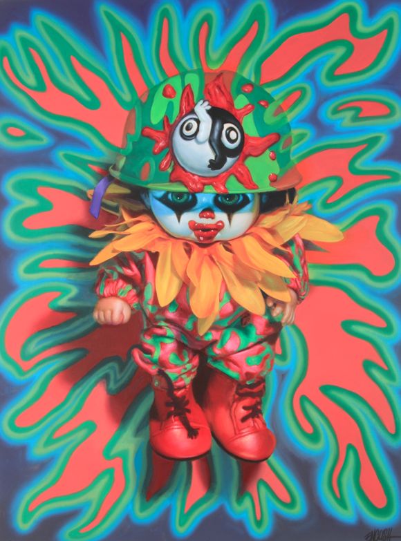 a painting of a clown wearing red boots and a green hat on top of a blue background