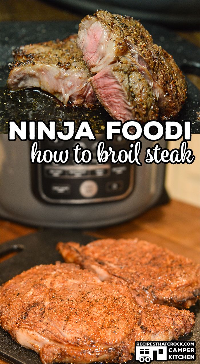 two steaks on a grill with the words ninja food how to grill steak