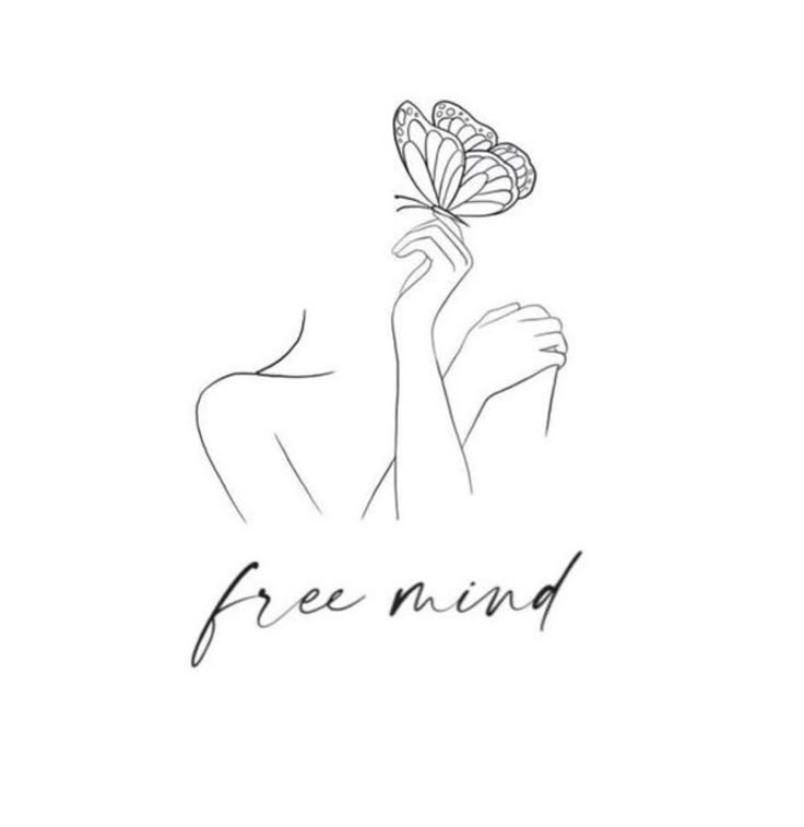 a woman holding a butterfly in her hand with the word free mind written on it