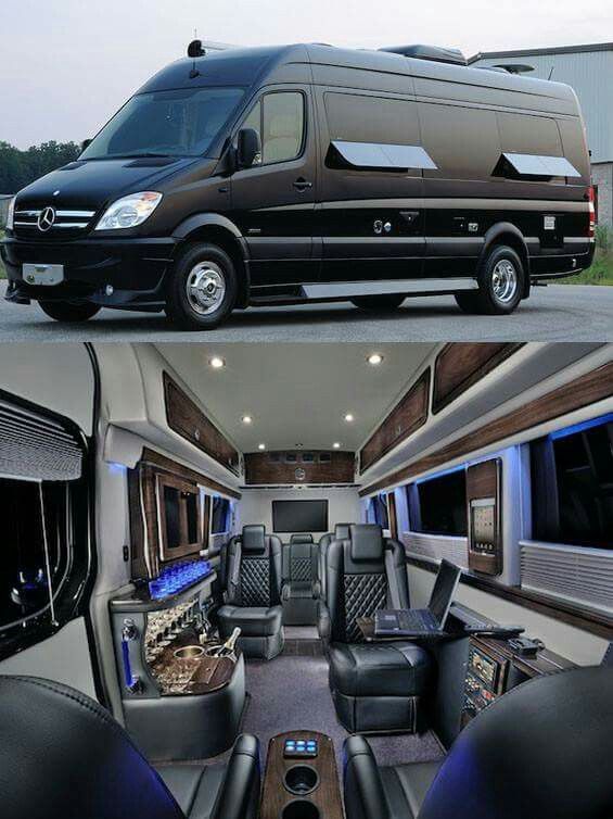 the inside and outside view of a van with leather seats, televisions, and other accessories