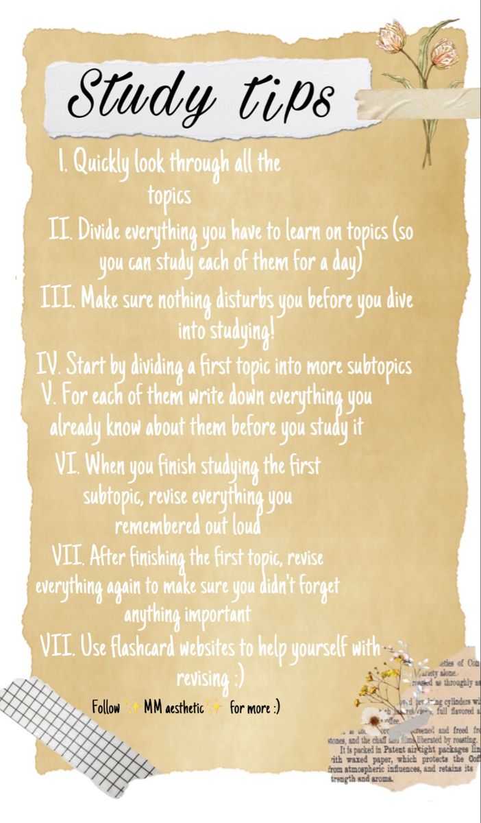 a poster with the words study tips written in white ink on an old parchment paper