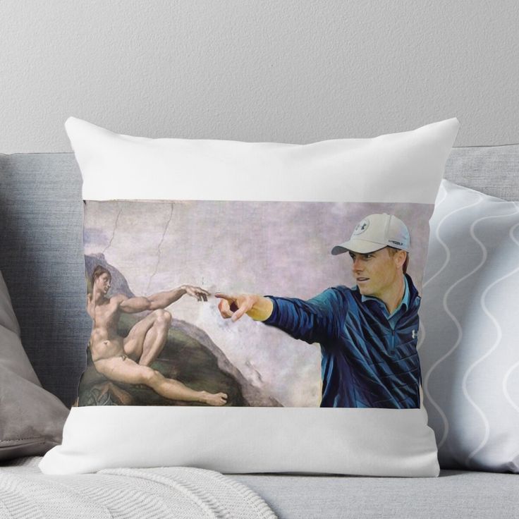 a painting of a man pointing to another man's hand throw pillow by the artist