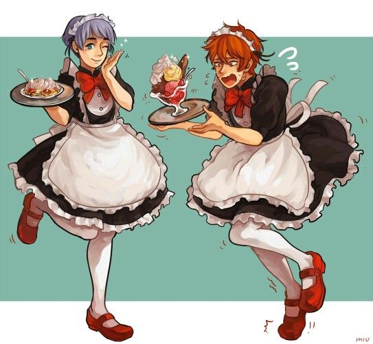 two anime characters dressed in maid outfits with plates of food on their hands and one holding a baby