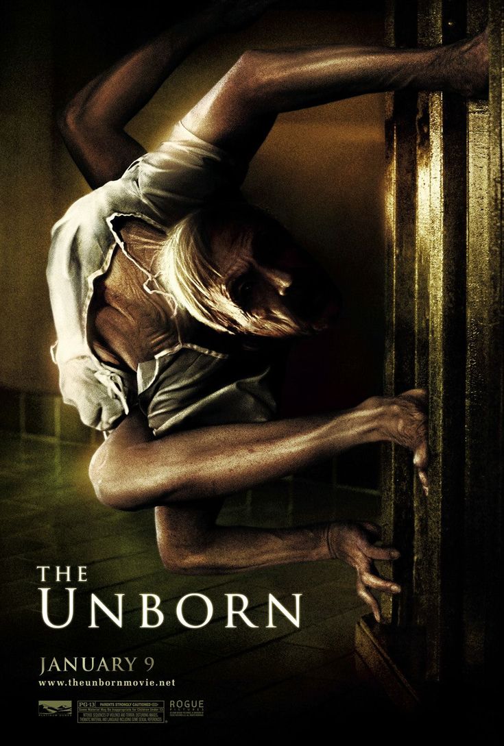 the unborn movie poster with an image of a woman leaning up against a door