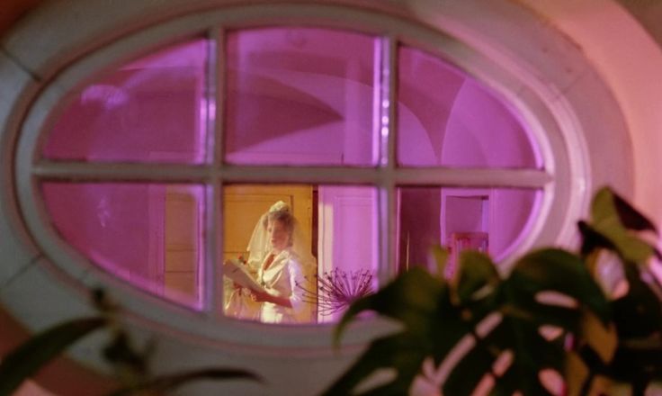 a woman standing in front of a window next to a potted plant