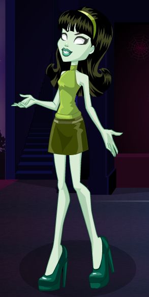 an animated woman in green dress and high heeled shoes with her hand out to the side