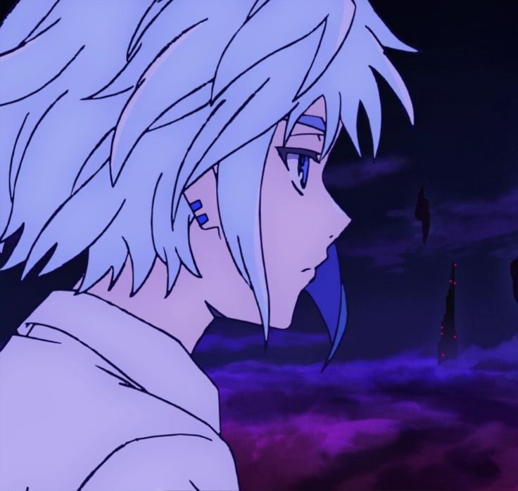 an anime character with blue hair staring into the distance in front of purple clouds and stars