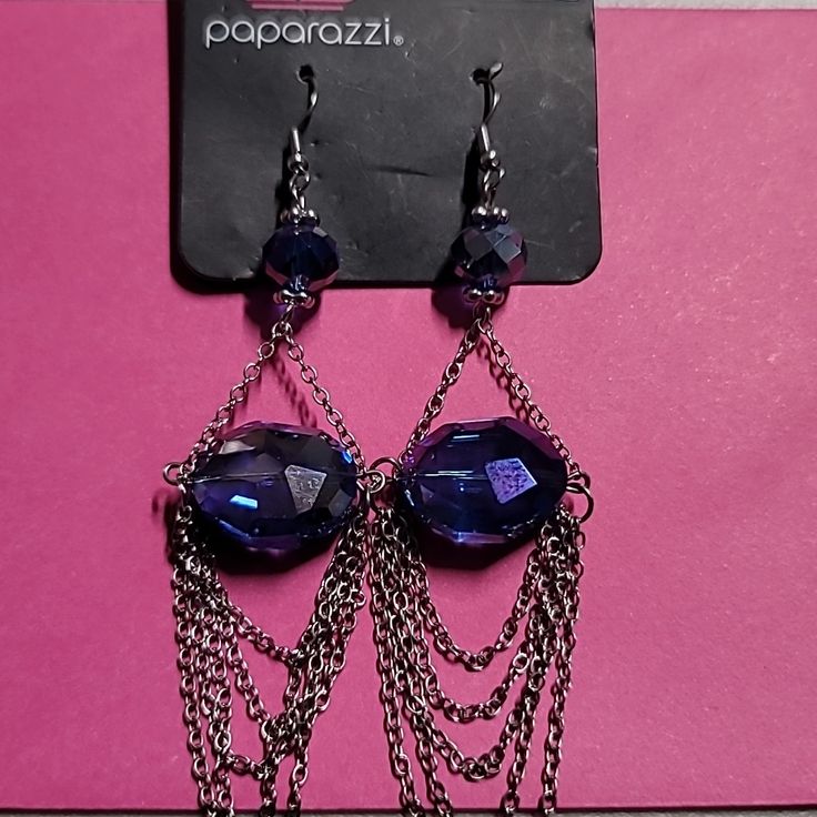 Vintage Paparazzi Earrings Blue Uv Shimmer Silver Tone Chandelier Style With Chains New Without Original Bag. Original Earring Card Purple Crystal Metal Earrings For Party, Blue Dangling Beads Jewelry For Party, Nickel-free Sapphire Jewelry For Party, Sapphire Nickel-free Jewelry For Party, Sapphire Metal Jewelry For Party, Sapphire Party Jewelry, Purple Dangling Beads Earrings For Party, Blue Dangle Crystal Earrings For Evening, Purple Dangle Chandelier Earrings For Party