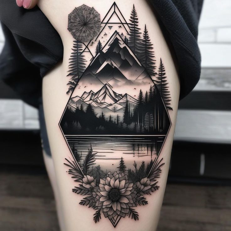 a woman's thigh with an image of mountains and trees on it, surrounded by flowers