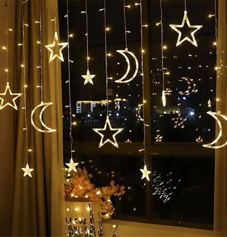 Modefa Ramadan & Eid Party Islamic Holiday Decor | Ramadan Moon & Star LED Curtain Lights Moon Lights, Star String Lights, Led Curtain Lights, Outdoor Fairy Lights, Led Curtain, Curtain String Lights, Star Lamp, Garden Bedroom, Curtain Lights