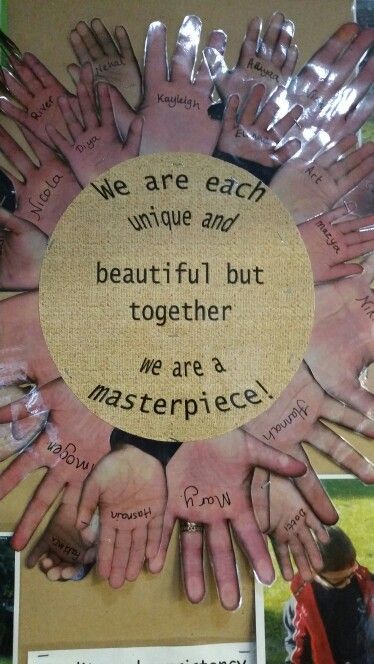 a group of people holding their hands together with the words, we are each unique and beautiful but together we are a masterpiece