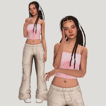 an animated image of a woman in pink top and pants with braids on her head