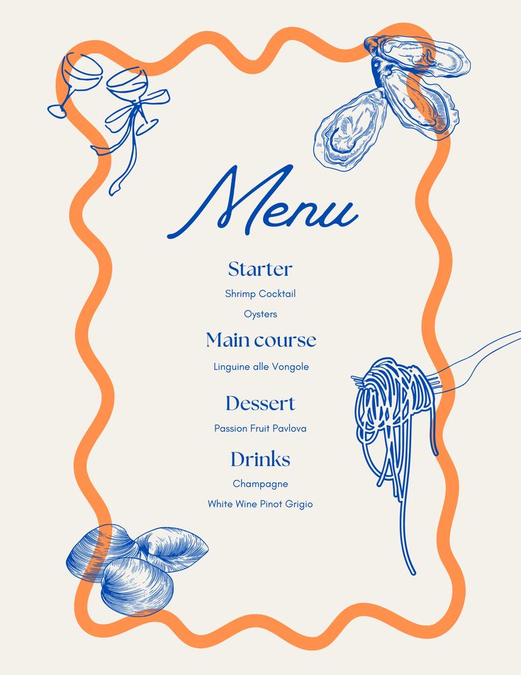 a menu with an orange border and blue flowers on it, in the shape of a frame