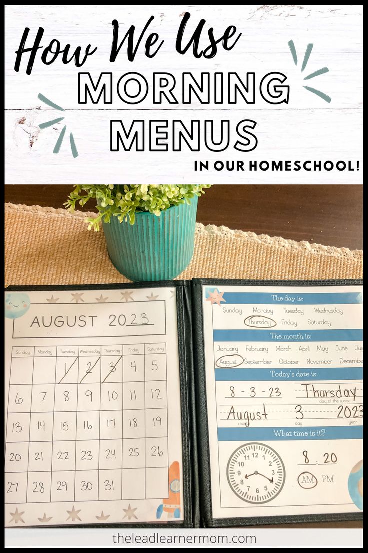 an open planner with the text how we use morning menus in our homeschool