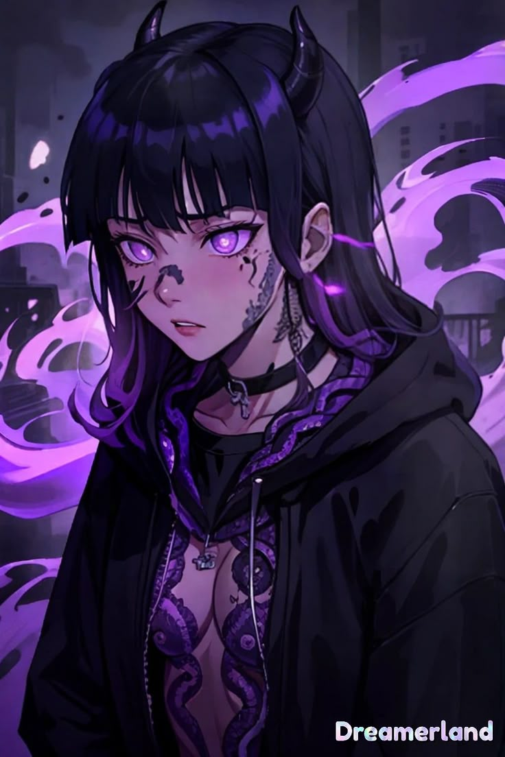 an anime character with purple hair and piercings