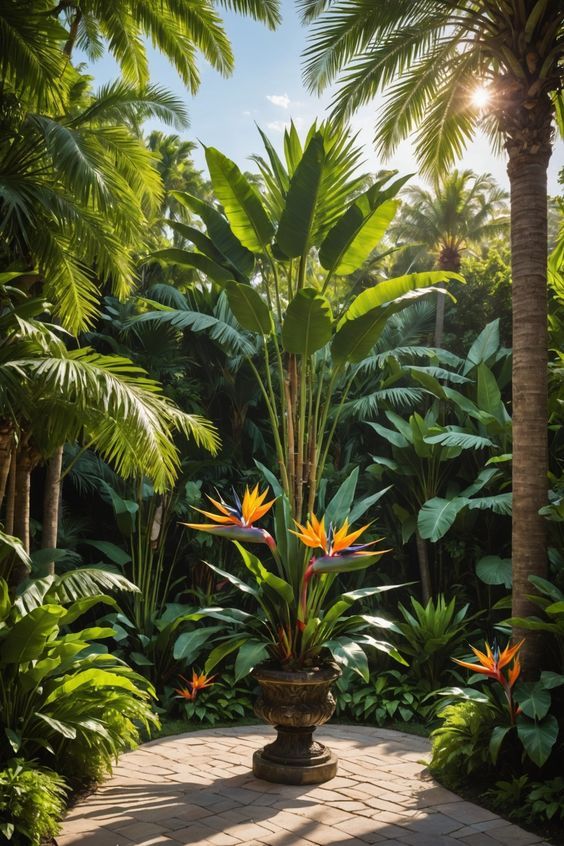 the sun shines brightly through tropical trees and plants in this garden area that is surrounded by palm trees