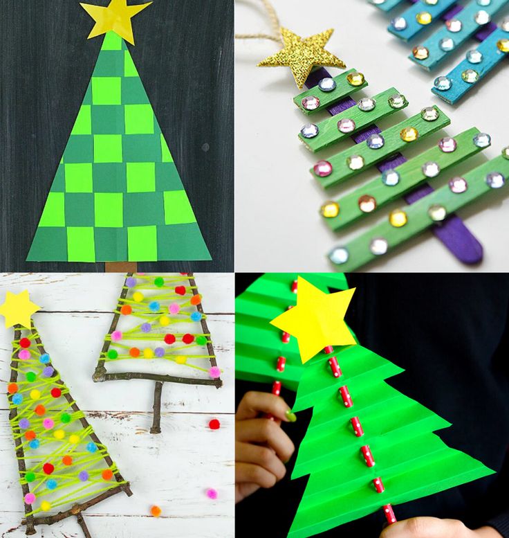 four different christmas trees made out of popsicle sticks and colored construction paper are featured in this collage