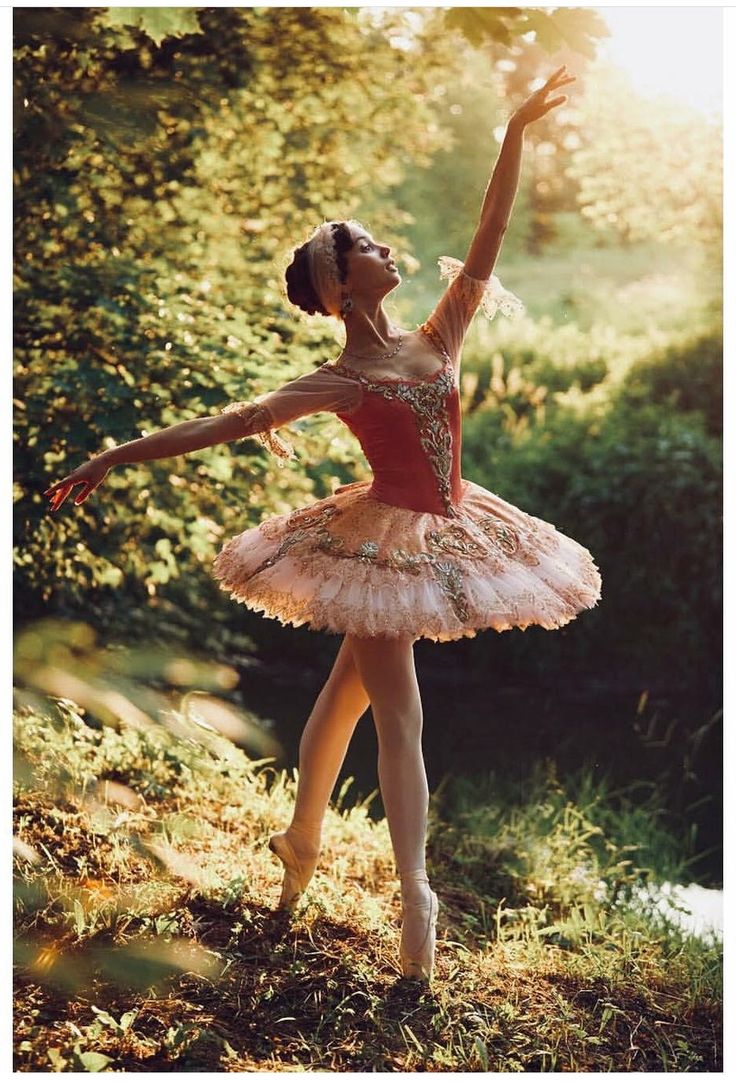 a young ballerina in a pink tutu is posing for the camera with her arms outstretched