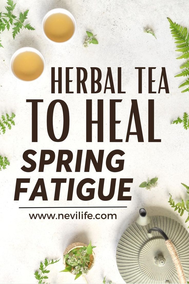 the words herb tea to heal spring fatigue on a white background with green leaves and cups