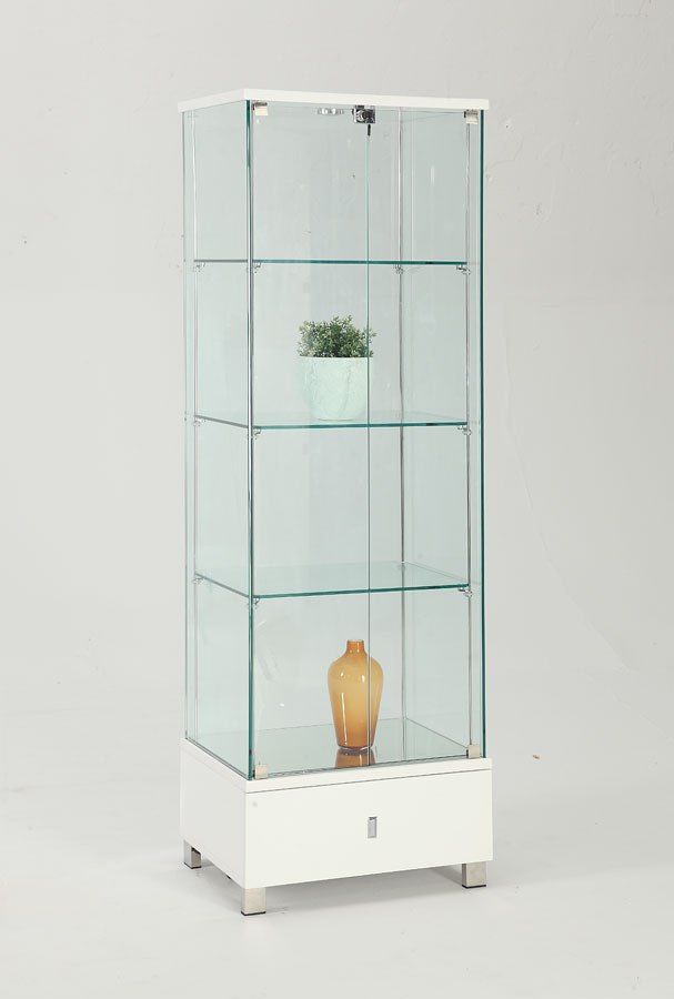 a glass display case with a vase on the bottom and two shelves below it that have plants in them