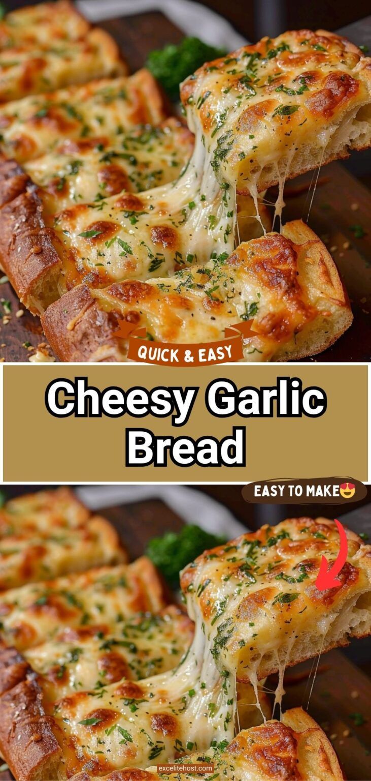 cheesy garlic bread is being lifted from the oven with cheese and herbs on top