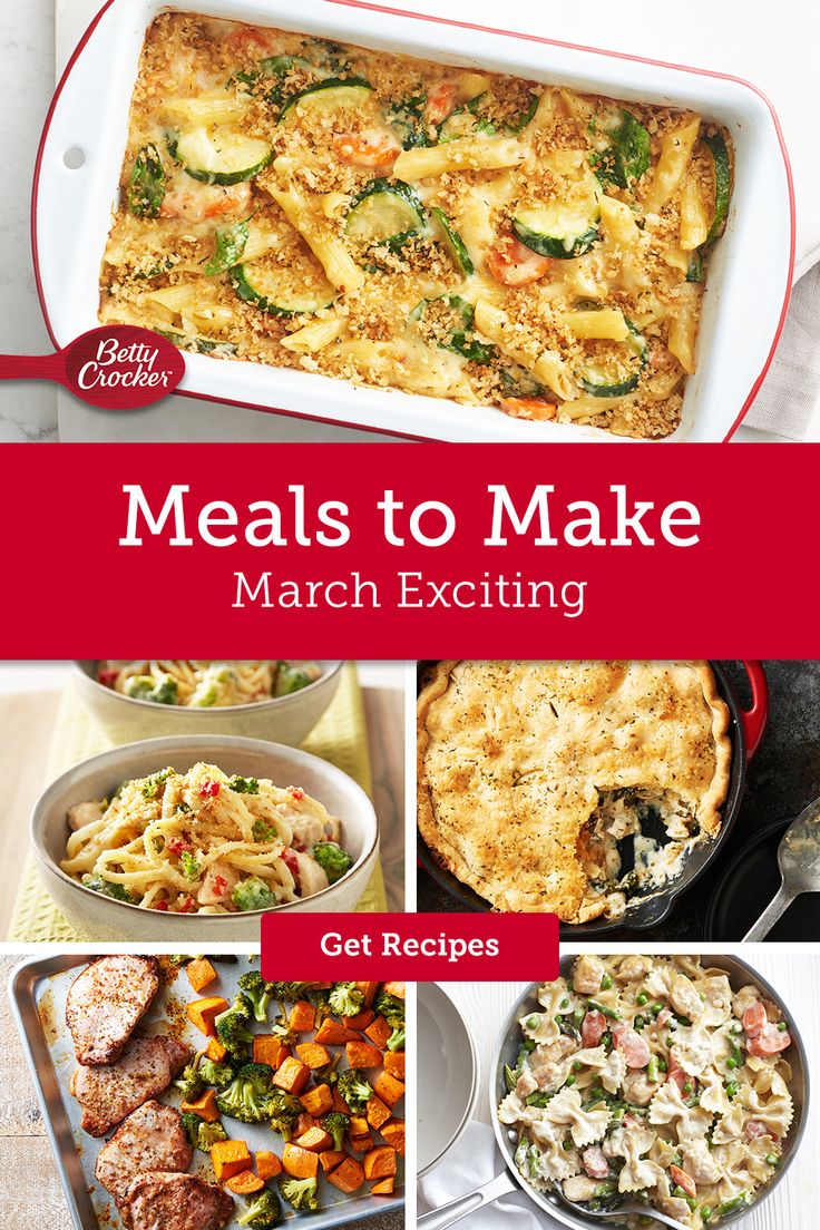 the cover of meals to make march exciting, with images of different dishes in red and white