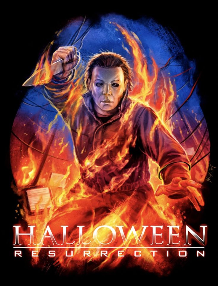 a movie poster for halloween resurrection with a man holding a knife in front of fire