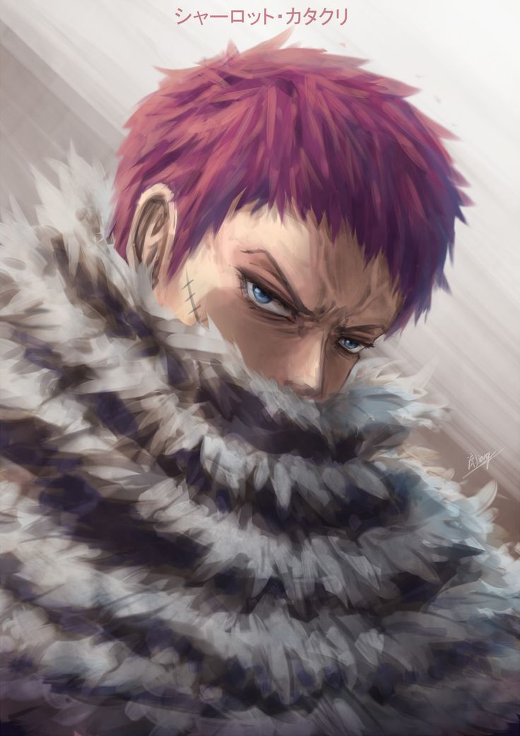 an anime character with red hair wearing a fur collar and looking to his left side