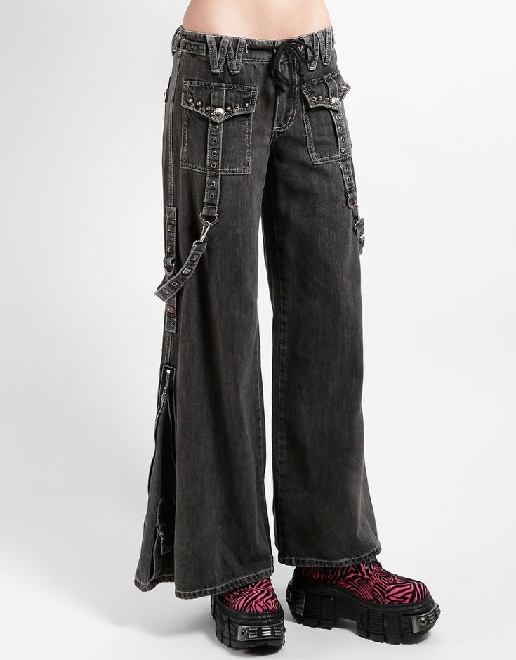 TRIPP NYC - STUDDED POWER PANT BLACK DENIM Alternative Black Denim Bottoms, Punk Wide-leg Distressed Bottoms, Black Punk Denim Jeans, Black Gothic Jeans, Black Denim Punk Pants, Strap Pants, Tripp Nyc, Kinds Of Clothes, Light Blue Denim