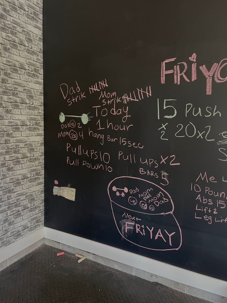 a blackboard with some writing on it in a corner next to a brick wall