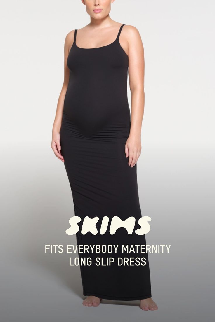 Embrace your glow in this bump-boasting slip dress. Made with our buttery, curve-enhancing fabric, this full-length style comfortably stretches to your growing belly and never loses shape for the perfect fit every time. The built-in shelf bra with underbust elastic and 2-ply construction offers added support. Features a flattering scoop neck, adjustable cami straps, and a center back slit for comfort and ease. Fits true to size. | SKIMS Maternity Long Slip Dress | Black | XL | Fits Everybody Pregnancy Capsule Wardrobe Summer, Pregnant Outfits Dressy, Maternity Capsule Wardrobe, Slip Dress Black, Long Slip Dress, Cute Maternity Outfits, Growing Belly, Maternity Outfits, Long Slip