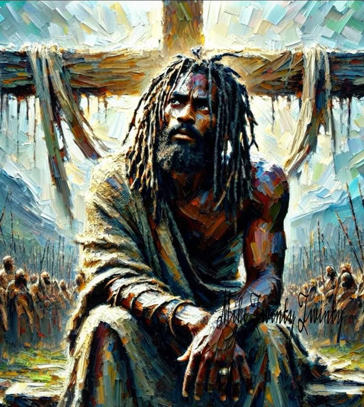 a painting of jesus sitting on the cross