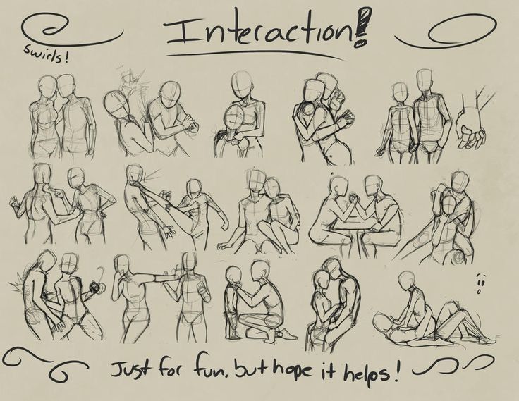 sketches of people sitting and standing around each other, with words that say'interaction '