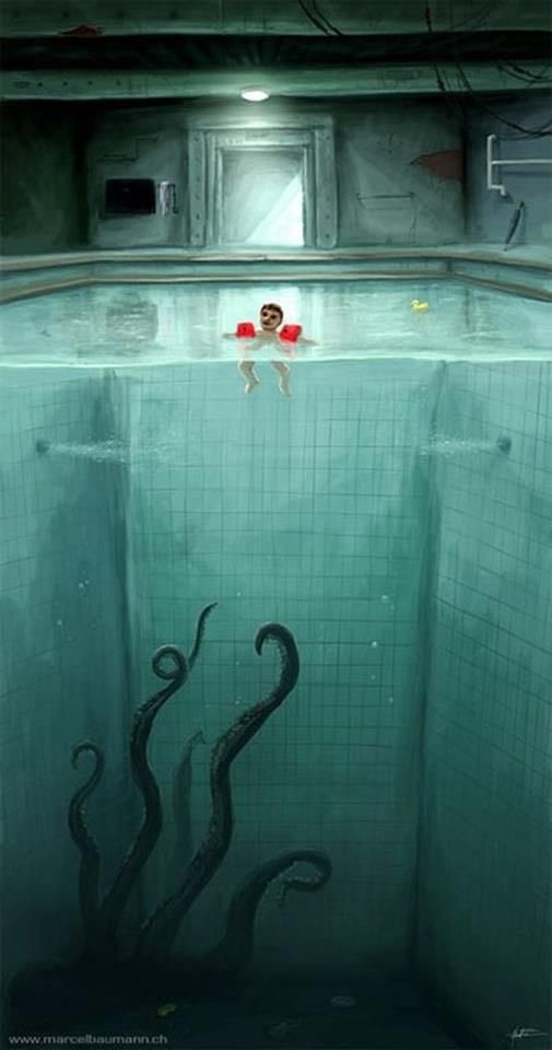 an underwater scene with a man swimming in the water and two octopuses on the floor