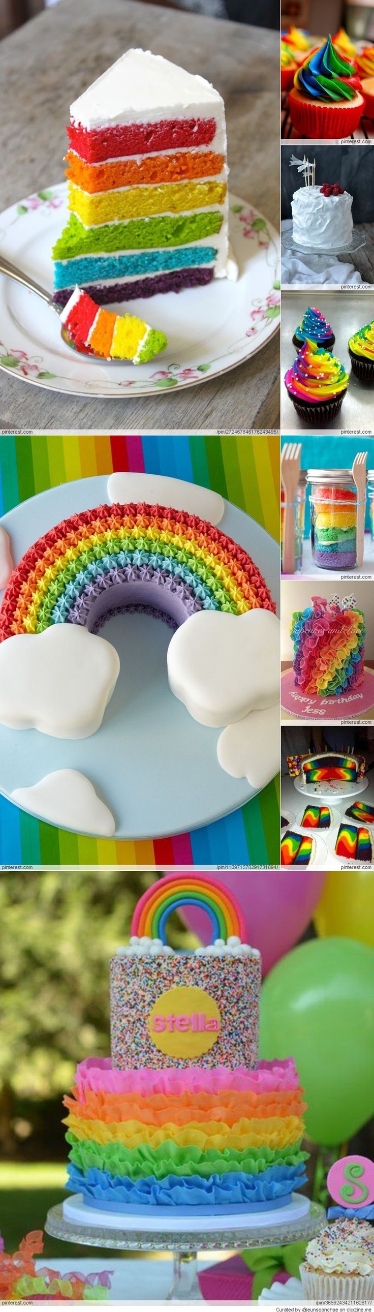 a rainbow themed birthday party with cake and cupcakes