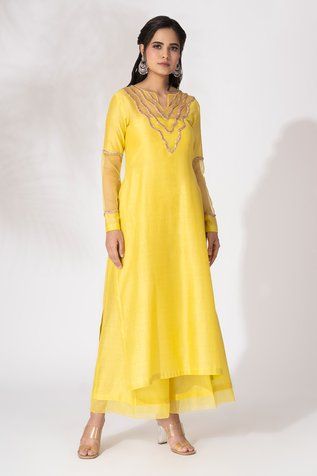 Shop for The Aarya Yellow Chanderi Embroidered Kurta Set for Women Online at Aza Fashions Navratri Organza Palazzo Set With Straight Kurta, Organza Palazzo Set With Resham Embroidery For Navratri, Navratri Organza Palazzo Set With Resham Embroidery, Eid Tussar Silk Palazzo Set With Sheer Dupatta, Tussar Silk Palazzo Set With Sheer Dupatta, Straight Kurta In Organza For Navratri, Embroidered Organza Palazzo Set For Navratri, Navratri Straight Kurta In Organza, Navratri Organza Straight Kurta