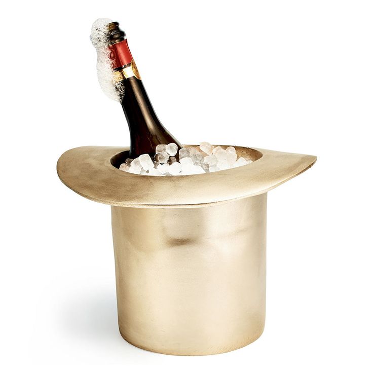 a champagne bottle in a metal container filled with ice