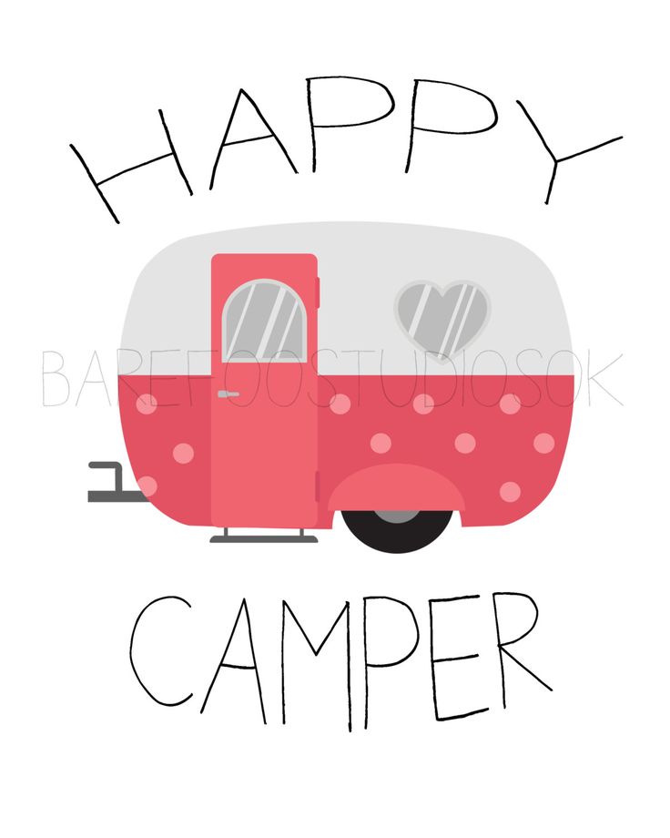 a pink camper with the words happy camper on it's front and side