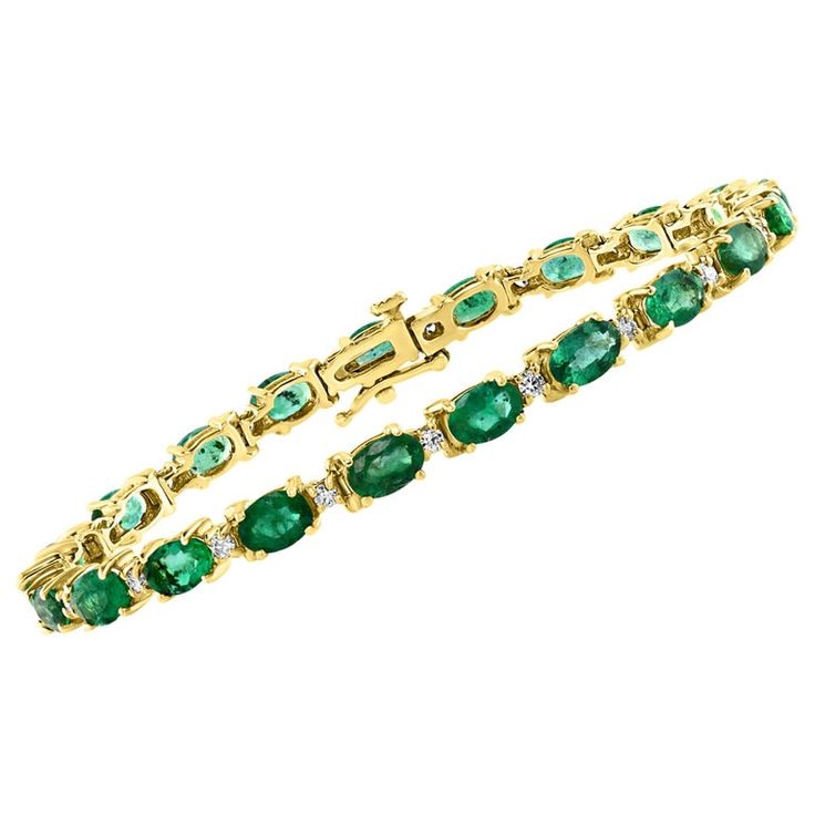 8 Carat Emerald and Diamond Tennis Bracelet 14 Karat Yellow Gold | From a unique collection of vintage Tennis Bracelets at https://www.1stdibs.com/jewelry/bracelets/tennis-bracelets/. Emerald Bracelet Gold, Emerald Tennis Bracelet, Bracelets Tennis, Bracelet Tennis, Vintage Tennis, Emerald Bracelet, Gold For Sale, Diamond Tennis Bracelet, Tiny Diamond