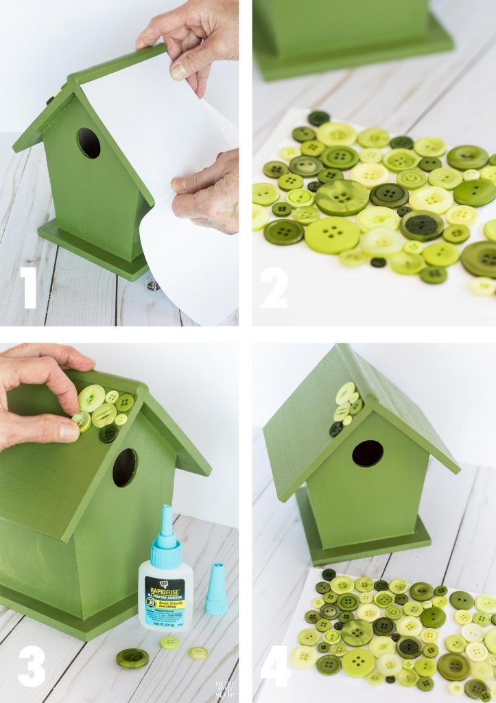 the steps to make a birdhouse out of buttons