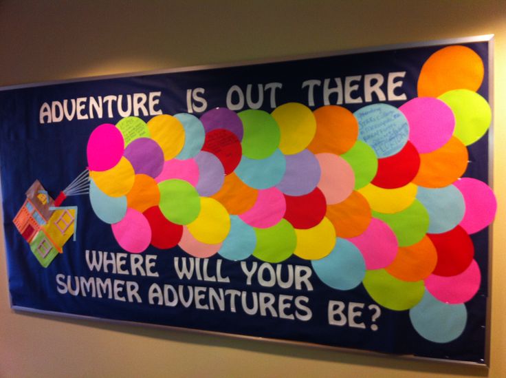 a bulletin board with colorful balloons on it that says adventure is out there where will your summer adventures be?