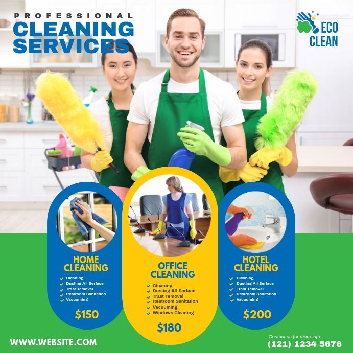 a flyer for cleaning services with three people