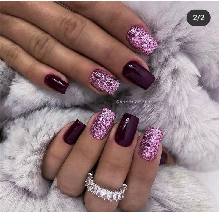 Cute Acrylic Nail Designs For Winter, Funky Elegant Nails, Black Purple Orange Nails, Winter Glitter Nails Acrylic, Fall Nail Designs Purple, Plum Purple Nails Designs, Matte Fall Nail Designs, February Gel Nail Colors, Eggplant Nails Designs