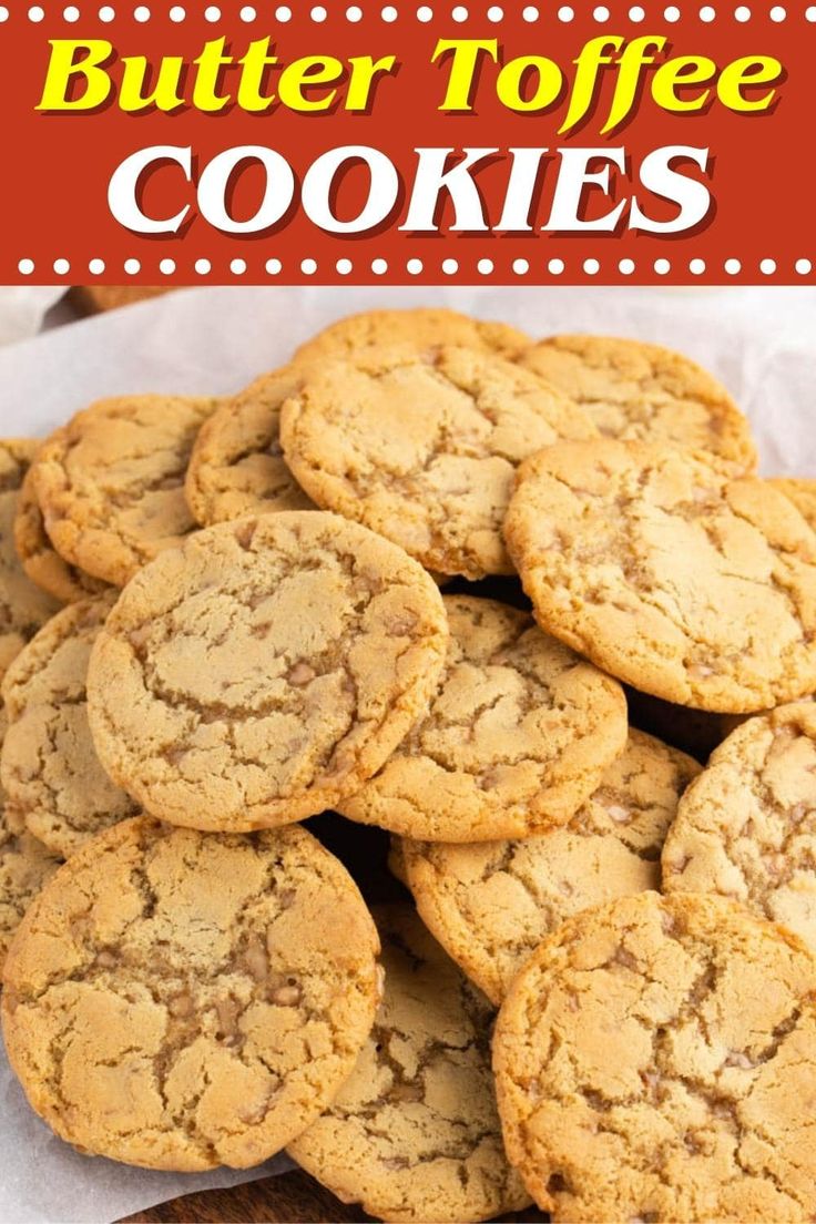 butter toffe cookies stacked on top of each other in front of a red and white background