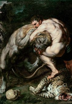 a painting of a man being attacked by a large tiger and another animal on the ground