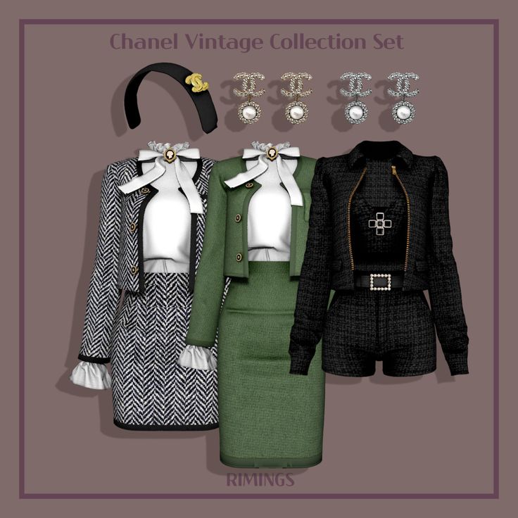 three different styles of clothes and accessories for the female character, chanel vintage collection set