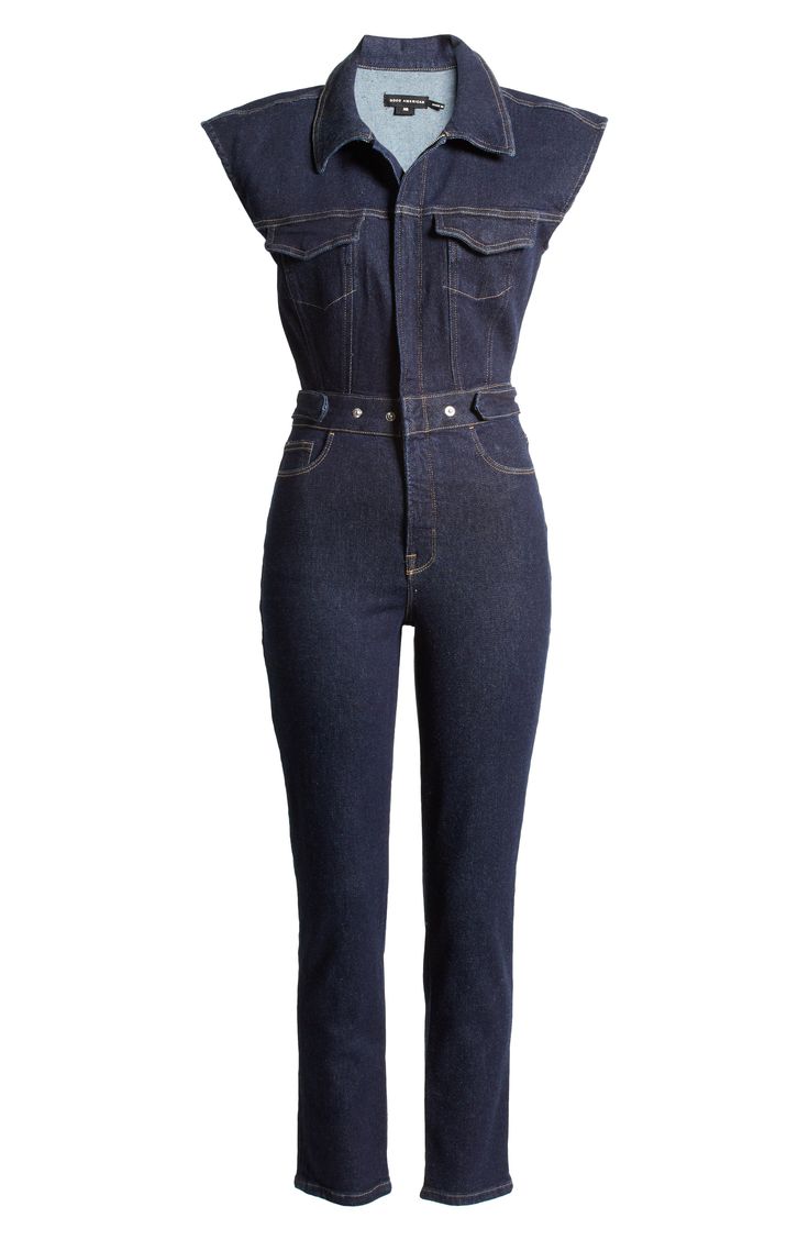 The spirit of trucker style moves into jumpsuit territory with this dark-rinsed denim option crafted with strong shoulders, plenty of pockets and snappy tabs to cinch the waist. 56" length; 29" inseam; 13" leg opening Hidden front-zip closure Spread collar Short sleeves Chest flap-patch pockets; five-pocket style 94% cotton, 4% polyester, 2% elastane Machine wash, tumble dry Imported Black Owned/Founded Dark Wash Utility Denim Jumpsuit, Utility Style Dark Wash Denim Jumpsuit, High Waist Fitted Utility Jumpsuits And Rompers, Fitted High Waist Utility Jumpsuits And Rompers, Fitted High Waist Denim Jumpsuit In Utility Style, Fitted High Waist Denim Utility Jumpsuit, Fitted High-waist Denim Utility Jumpsuit, Fitted Denim Jumpsuit With Button Closure, Denim Jumpsuit For Work With Belt Loops